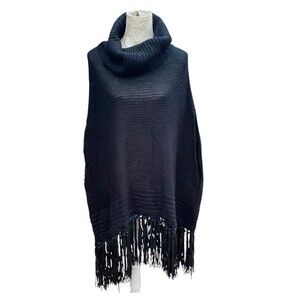 Ashley Stewart Black Faux Leather Trim Fringe Hem Knit Turtleneck Tunic/Poncho